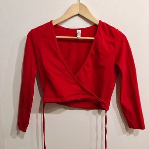 American Apparel Cropped 3/4 Sleeve Red Wrap Top